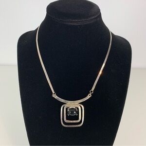 Sterling Silver Necklace Geometric Squares Pendant Black Stone Stamped 925 Vtg